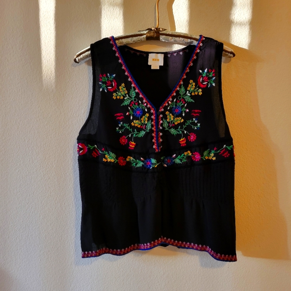 Maeve black top w/ floral embroidery